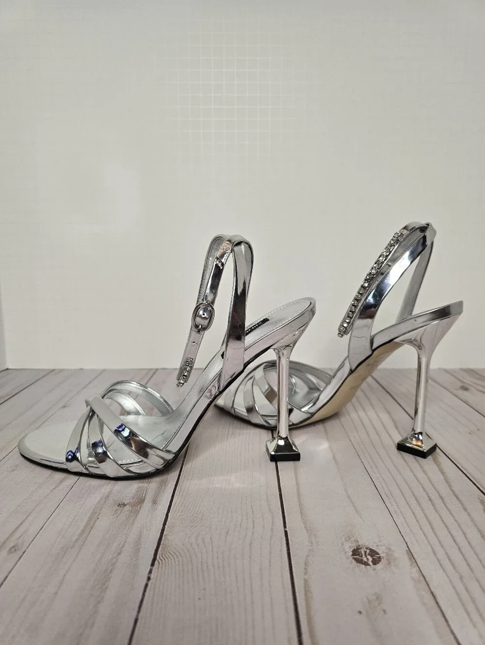 Nine West Silver Nora Metallic Crystal Ankle-Strap Stilettos